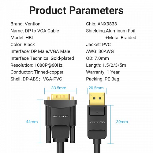 Vention Converter DisplayPort to VGA Cable 3.0m HBLBI