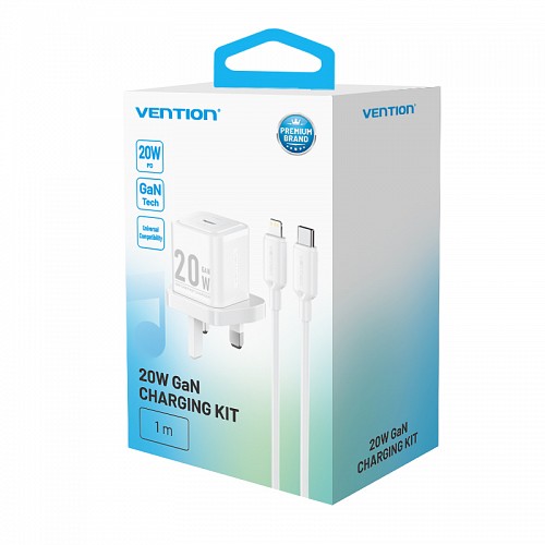Vention Charger Wall GaN 20W 1xUSBC UK+Lightning Cable White FEPW0