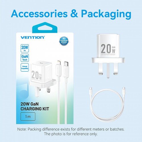 Vention Charger Wall GaN 20W 1xUSBC UK+Lightning Cable White FEPW0