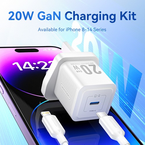 Vention Charger Wall GaN 20W 1xUSBC UK+Lightning Cable White FEPW0