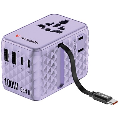 Verbatim Charger Travel Adapter 100W 2xC 2xA 1xRetractable USB-C Purple