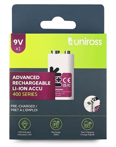 Uniross USB-C Rechargeable Lithium 9V Battery 400mah (1pc)