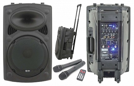 QTX QR15PA 15 Professional Portable Karaoke & PA Speaker with 2x Wireless Microphones, Bluetooth USB & FM 178.848UK