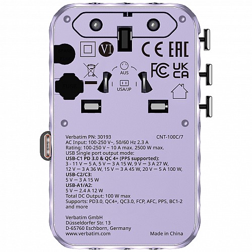 Verbatim Charger Travel Adapter 100W 2xC 2xA 1xRetractable USB-C Purple