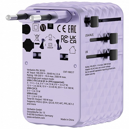 Verbatim Charger Travel Adapter 100W 2xC 2xA 1xRetractable USB-C Purple
