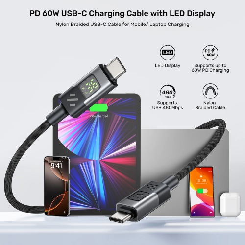 Unitek USB-C Cable PD60W Braided with Display 2.0m C14158A-2M