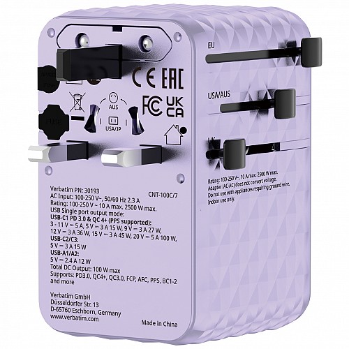 Verbatim Charger Travel Adapter 100W 2xC 2xA 1xRetractable USB-C Purple