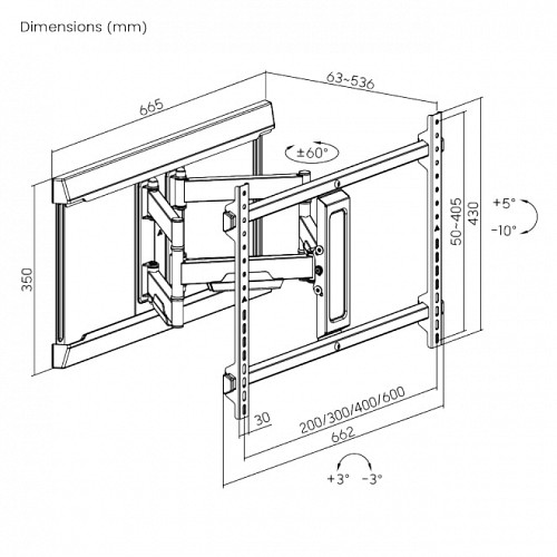 Brateck TV Mount 60x40 Turn 4-Arm 54cm Ext LPA77-466