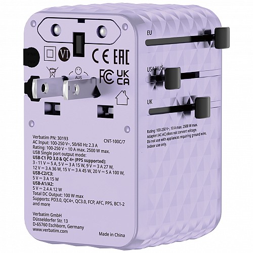 Verbatim Charger Travel Adapter 100W 2xC 2xA 1xRetractable USB-C Purple