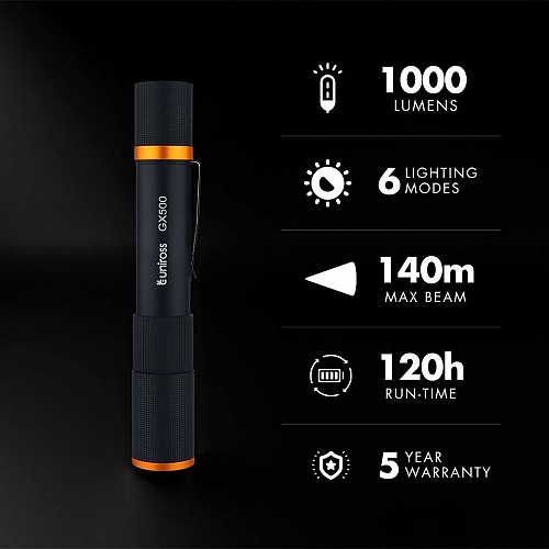 Uniross GX500 USB Rechargeable Torch IP44 Waterproof Aluminium 1000 lumens 140m Beam 120hrs Battery