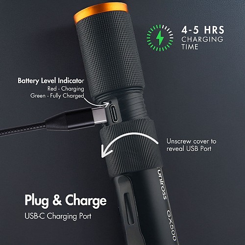 Uniross GX500 USB Rechargeable Torch IP44 Waterproof Aluminium 1000 lumens 140m Beam 120hrs Battery