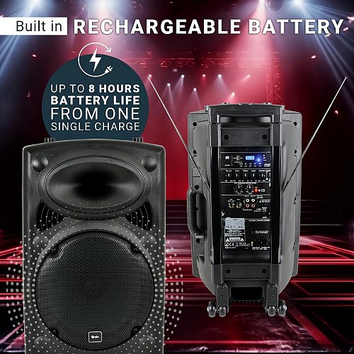 QTX QR15PA 15 Professional Portable Karaoke & PA Speaker with 2x Wireless Microphones, Bluetooth USB & FM 178.848UK