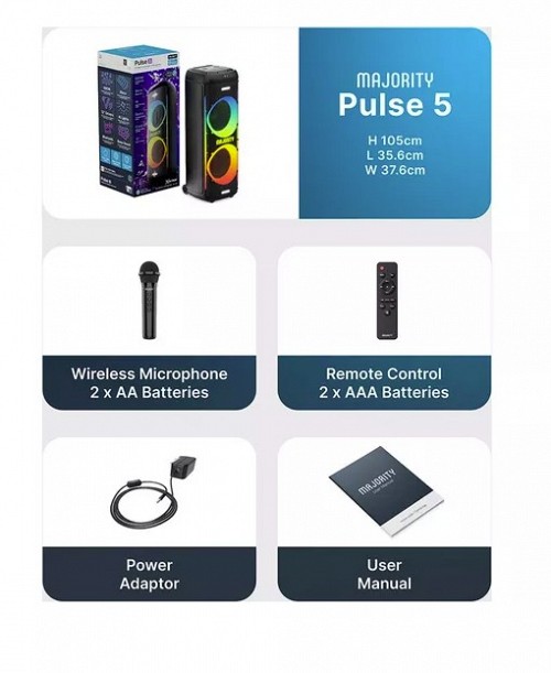 Majority Speakers Portable Karaoke PULSE P5 600W Wireless Mic BT/USB/RGB UK