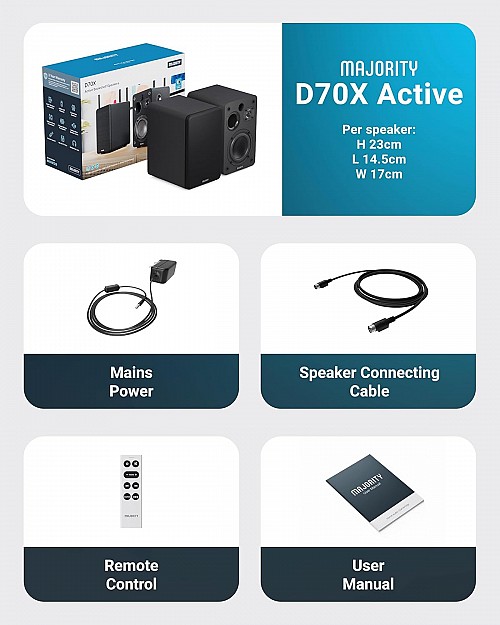 Majority Speakers Active D70X 70W 2.0 BT/USB/Phono/HDMI ARC Black (pair)