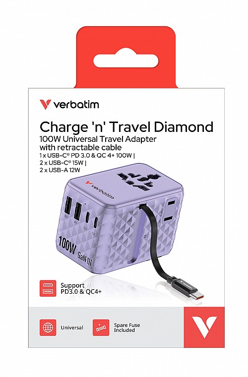 Verbatim Charger Travel Adapter 100W 2xC 2xA 1xRetractable USB-C Purple