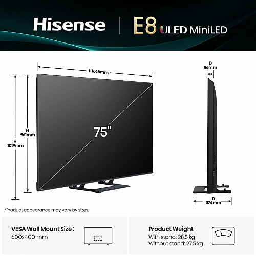 Hisense75E8Q 75 4K Smart QLED MINI LED 144hz TV