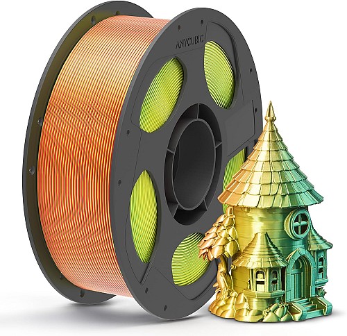 Anycubic PLA SILK-TRI-COLOR Red Yellow Green 1Kg. Ideal usage: Highly detailed display pieces, articulated toys/dragons, vases, abstract sculptures, and eye-catching decorative items where you want a dynamic visual effect.