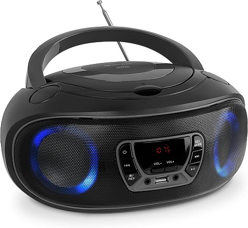 Denver TCL-212BTGR Grey Portable BoomBox with CD, FM Radio, USB, Bluetooth & LED Lights
