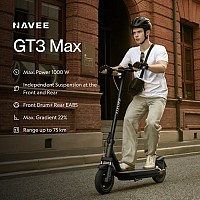 Navee Electric Scooter, 1000W, 75km Range, Quadruple Suspension, Dual Electronic Regenerative Braking System, Foldable, Traction Control System, IPX5, 3.6-inch LED Display, GT3 Max