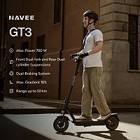 Navee Electric Scooter, 700W, 50km Range, Quadruple Suspension, Dual Electronic Regenerative Braking System, Foldable, Traction Control System, IPX5, 3.6-inch LED Display, GT3