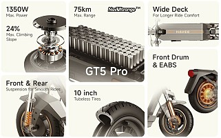 Navee Electric Scooter, 1350W, 75km Range, Quadruple Suspension, Dual Brakes with Electronic Regenerative Braking System, Foldable, Traction Control System, IPX5, 3.6-inch LED Display, GT5 Pro.