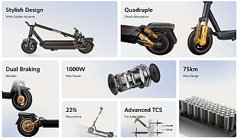 Navee Electric Scooter, 1000W, 75km Range, Quadruple Suspension, Dual Electronic Regenerative Braking System, Foldable, Traction Control System, IPX5, 3.6-inch LED Display, GT3 Max