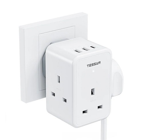 Tessan TS-227-PD 3-Gang 13A AC Plug Through with 2x USBA & 1x USBC 20W